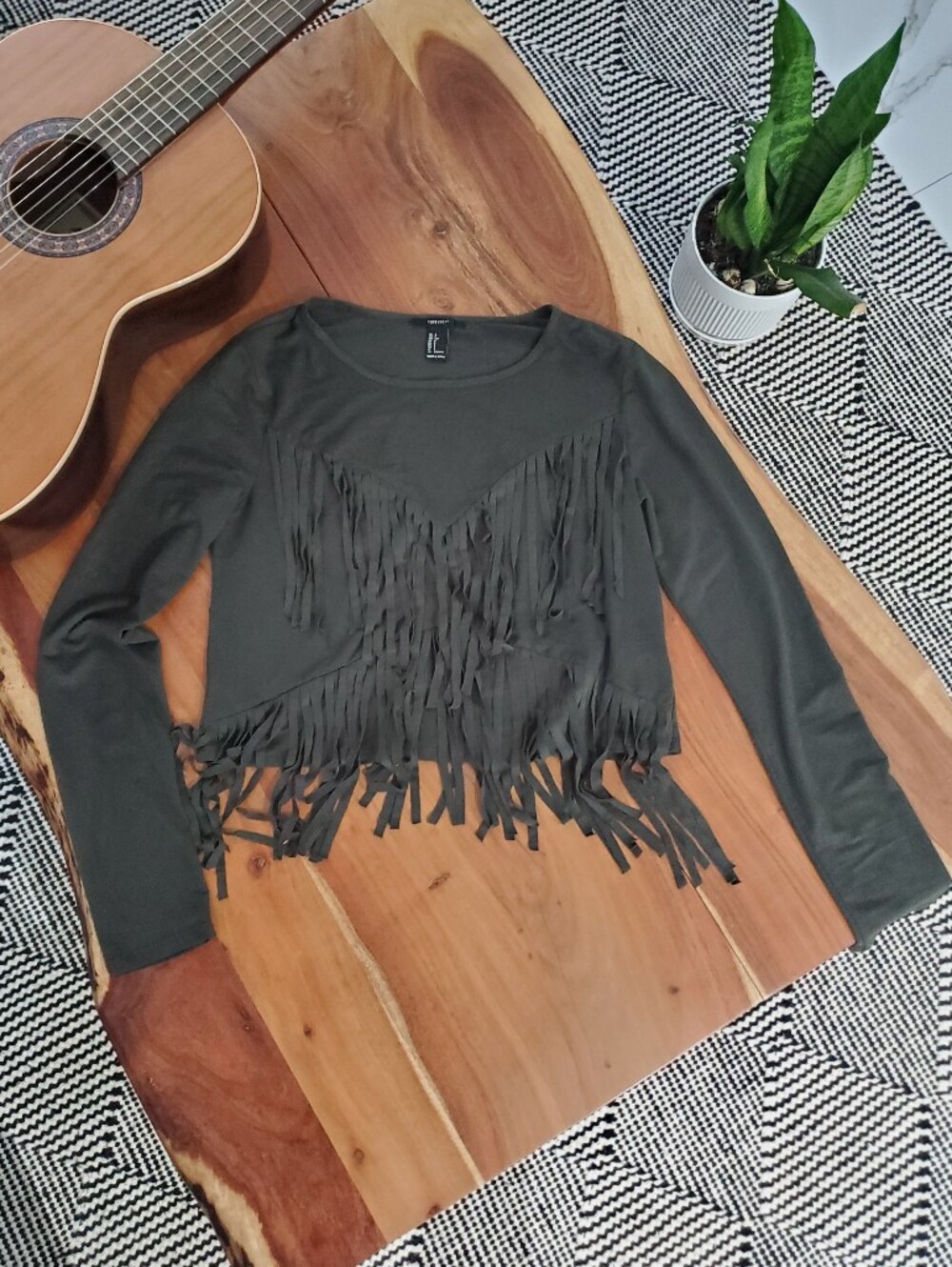 Vintage Y2K Fringe Tassel Microsuede Semi Crop Olive Green Western Country Top